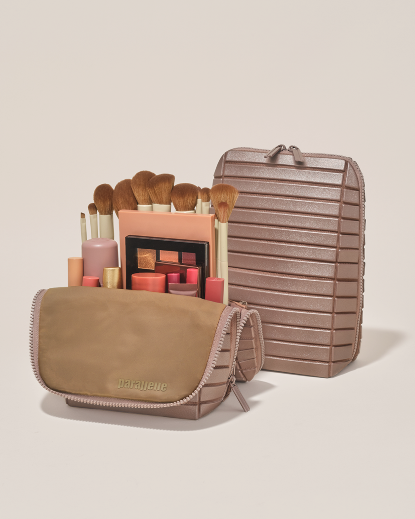 Open and closed Parallelle Bronze Brush Traveller makeup bag showing skincare, brushes, and curated travel essentials