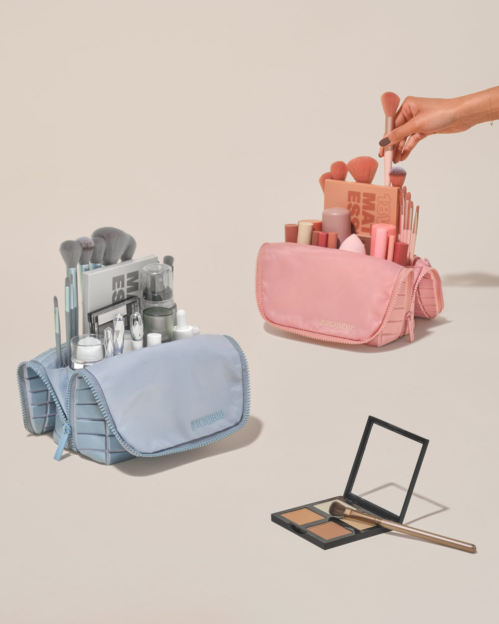 The Slate and Blush Brush Travellers, packed with brushes, pallets, and skincare products. Compact travel organizers for beauty essentials.