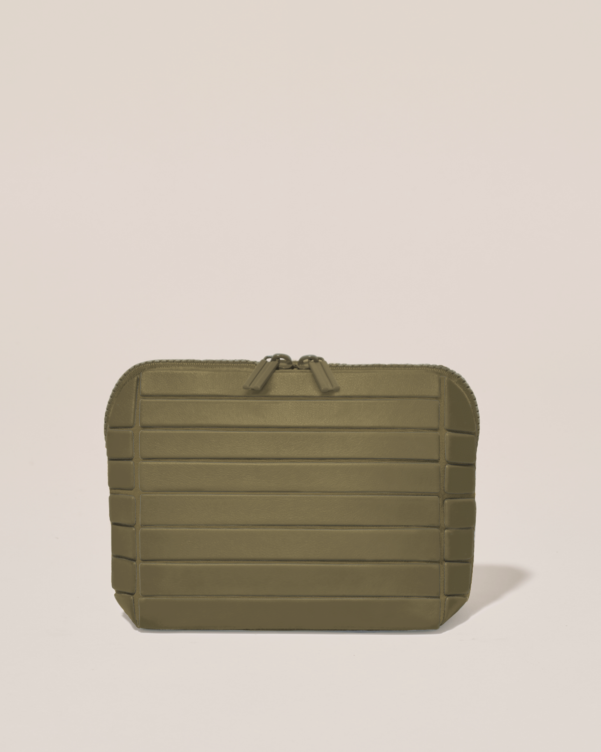 Closed Parallelle Small Olive (green) Traveller makeup bag with structured horizontal bar design